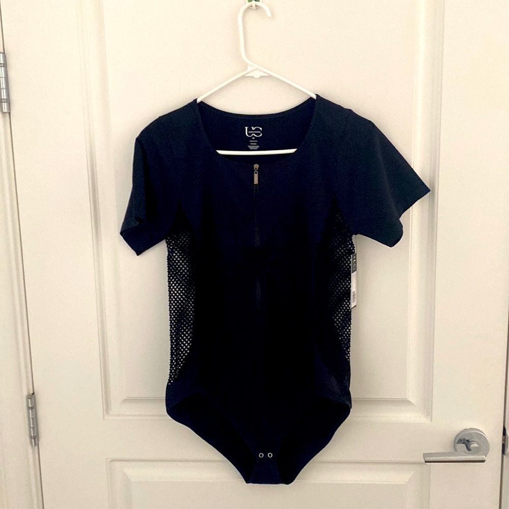 Brand NEW Mesh Side Gore with Front Zipper Black Bodysuit.